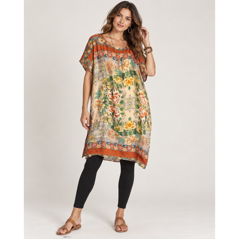 Johnny Was Silk Floral Tunic top Orange Boho Shift XL